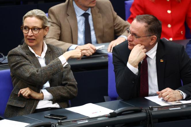 Alice Weidel e Tino Chrupalla, colíderes do partido Alternative für Deutschland (AfD), participam de uma sessão plenária do Bundestag em Berlim, em 25 de março de 2026. 