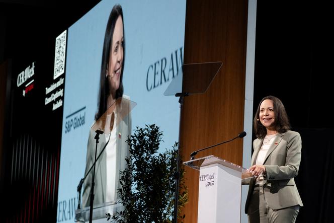L’opposante politique et Prix Nobel de la paix vénézuélienne, Maria Corina Machado, lors de la CERAWeek, la conférence annuelle du secteur pétrolier, à Houston (Texas), le 24 mars 2026.