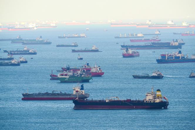 Des cargos, pétroliers et autres navires, au large de Singapour, le 17 mars 2026.