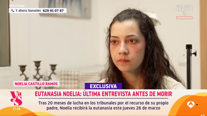 Noelia Castillo, durante entrevista concedida ao canal espanhol Antena 3 pouco antes de sua morte, 26 de março de 2026. (Captura de tela.)