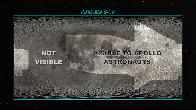 Une carte de la surface lunaire que les astronautes d’Apollo ont pu voir ou non depuis l’orbite basse qu’ils ont empruntée. Les parties sombres étaient soit trop lointaines soit non éclairées par le Soleil pour que les équipages les observent.