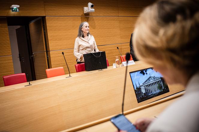 A presidente da France Télévisions, Delphine Ernotte-Cunci, antes da sua audição pela comissão de inquérito sobre a neutralidade, funcionamento e financiamento da radiodifusão pública, na Assembleia Nacional, em Paris, 8 de abril de 2026.