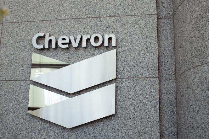 A Chevron logo at the Chevron building in Houston, Texas, August 19, 2025.