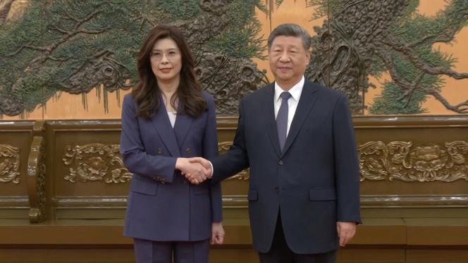 Cheng Li-wun, líder do principal partido da oposição de Taiwan, e Xi Jinping no Palácio da Assembleia Popular em Pequim, 10 de abril de 2026. 