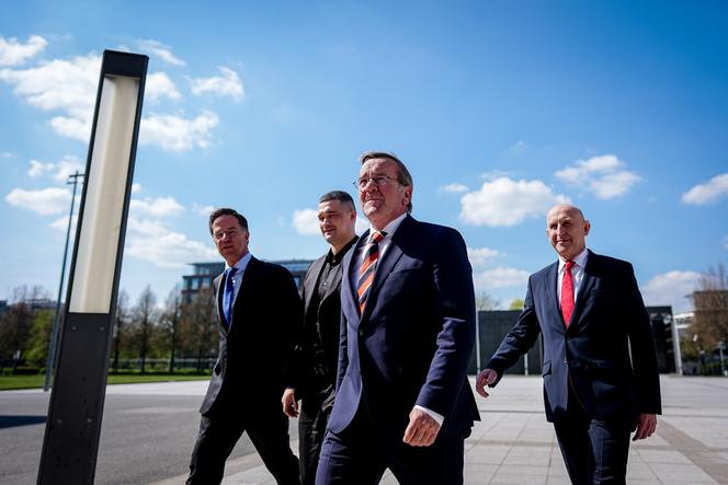 Boris Pistorius, the German defense minister, accompanied by NATO Secretary General Mark Rutte and his Ukrainian and British counterparts, Mykhailo Fedorov and John Healey, at the Ukraine Contact Group meeting, in front of the Federal Ministry of Defense, in Berlin, on April 15, 2026.