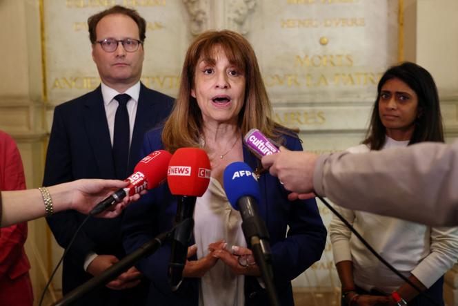 French MP Caroline Yadan talks to journalists at the Assemblée Nationale in Paris, France, April 16, 2026.