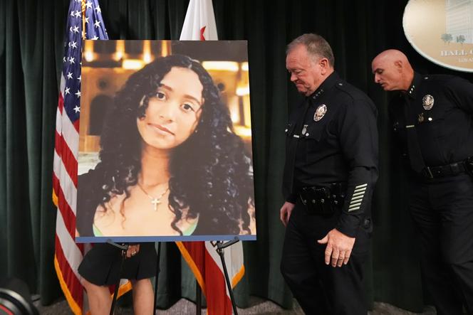 LAPD Chief Jim McDonnell walks past an image of Celeste Rivas Hernandez on April 20, 2026, in Los Angeles after a press conference regarding the case of singer D4vd, who was charged on suspicion of killing the 14-year-old girl whose dismembered body was found in his car. 