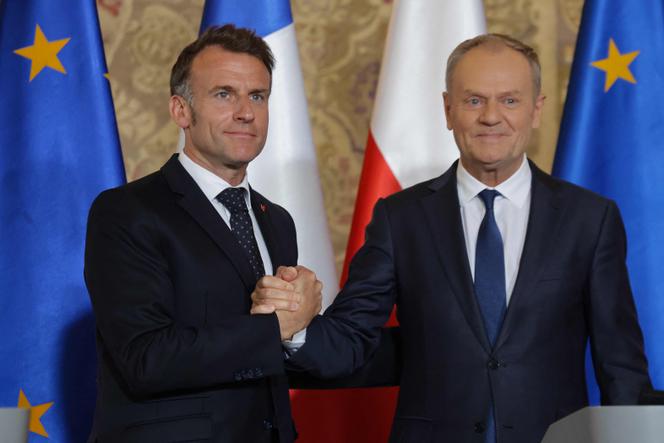 French President Emmanuel Macron (left) and Polish Prime Minister Donald Tusk at a joint press conference at the Main Town Hall in Gdansk, Poland, on April 20, 2026.