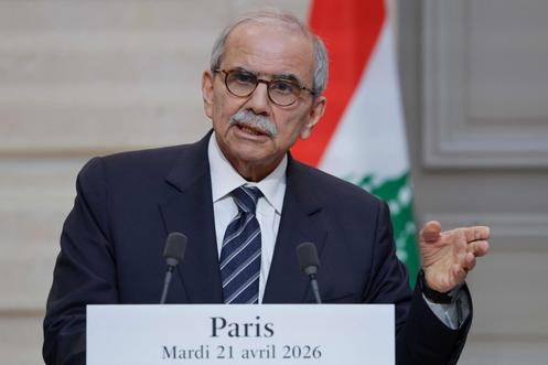 Le premier ministre libanais, Nawaf Salam, lors d’une conférence de presse conjointe avec le président Emmanuel Macron, au palais de l’Elysée, à Paris, le 21 avril 2026.