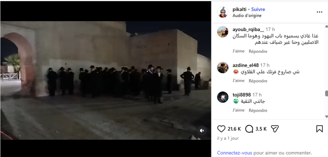 Captura de tela de um vídeo do Instagram mostrando um grupo de homens judeus orando nas ruas de Marrakech, Marrocos, em 21 de abril.