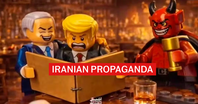 An image from one of the first clips broadcast by the Iranian state institute Revayat-e Fath depicts Israeli Prime Minister Benjamin Netanyahu and US President Donald Trump with the devil.