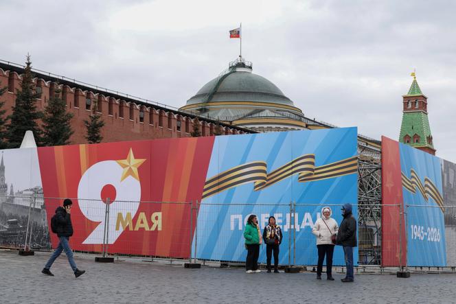 A banner announcing upcoming May 9 celebrations on Red Square in Moscow, April 24, 2026.