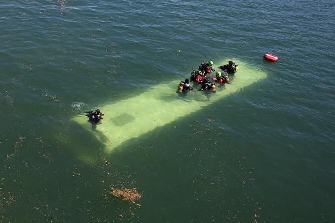 Equipes de resgate no local do acidente, onde um ônibus e um carro caíram no Sena, em Juvisy-sur-Orge (Essonne), em 30 de abril de 2026. 