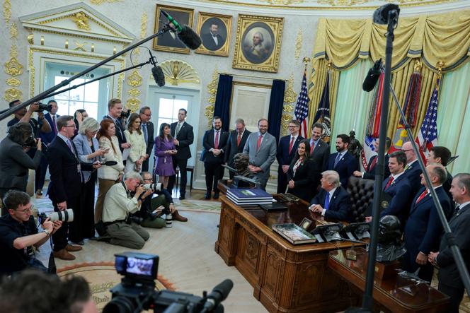 US President Donald Trump speaks to reporters in the Oval Office at the White House in Washington, DC, US, April 30, 2026.