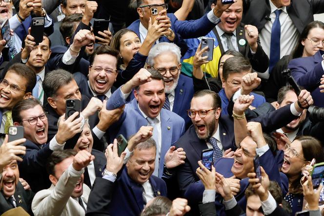 O senador Flavio Bolsonaro (filho mais velho do ex-presidente Jair Bolsonaro, centro) comemora a votação que anula o veto do presidente Lula a um projeto de lei para reduzir as penas dos condenados por tentativa de golpe de Estado, no Parlamento em Brasília, 30 de abril de 2026. 