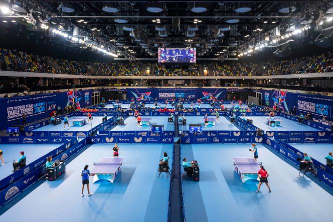 Durante o primeiro dia do Campeonato Mundial de Tênis de Mesa, em Londres, 28 de abril de 2026.