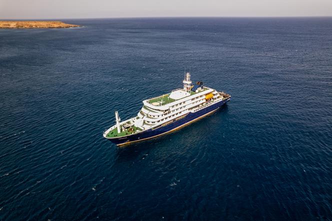 The cruise ship MV Hondius anchored off the port of Praia, the capital of Cape Verde, May 3, 2026.