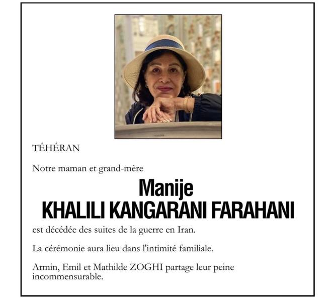 Avis de décès de Manije Khalili Kangarani Farahani. Malgré la demande de la famille, le quotidien « La Voix du Nord » a supprimé la mention « sous les bombes ».