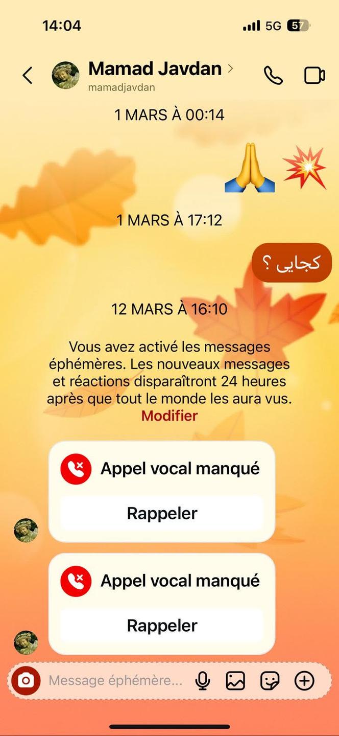 Dernier échange WhatsApp entre Mamad Javdan et son frère, en mars 2026.