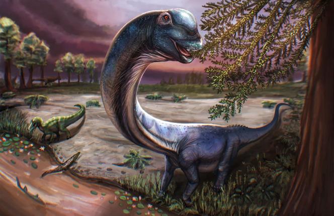 Vue d’artiste du nagatitan, conçue par l’illustrateur  Patchanop Boonsai à partir de données scientifiques et diffusée le 14 mai 2026.