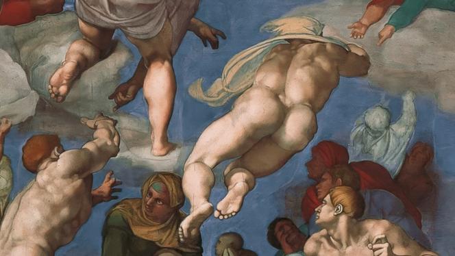 Détail de la fresque du « Jugement dernier » (1541), à la chapelle Sixtine, exécutée par Michel-Ange, au Vatican, à Rome.