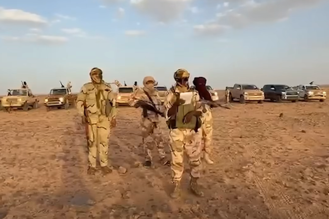 Sur une capture d’écran d’une vidéo postée sur le compte Facebook de la Chambre des opérations pour la libération du Sud (COLS), Mohamed Wardougou (au centre), posant devant une dizaine de pick-up, dans un lieu indéterminé, le 27 juin 2026.