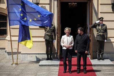 Ursula von der Leyen, president of the European Commission, and Ukrainian president Volodymyr Zelensky in Kyiv, July 15, 2026.