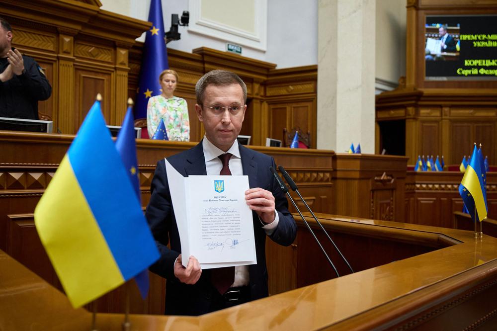 Le nouveau premier ministre ukrainien, Serhi Koretsky, lors de sa prestation de serment devant le Parlement ukrainien, à Kiev, le 16 juillet 2026. - STRINGER/AFP