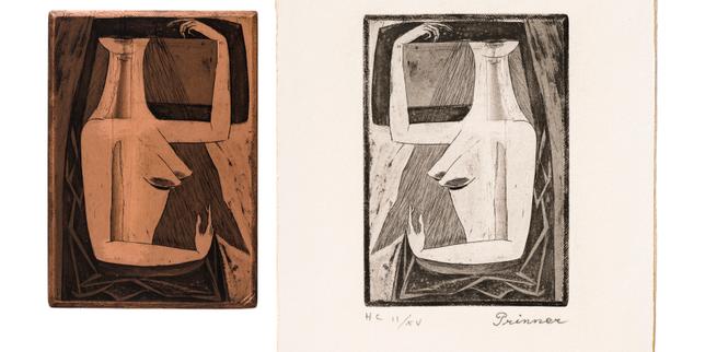 «&nbsp;Femme en buste&nbsp;», bras recourbés&nbsp;pour&nbsp;«&nbsp;La&nbsp;Femme tondue&nbsp;» (1946), plaque de cuivre gravée et estampe d’Anton Prinner.