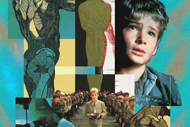 Mark Lester, en 1968, dans « Oliver! ». En bas, à gauche, le jeune acteur en compagnie du réalisateur Carol Reed. - Collage Ricardo Santos pour M Le magazine du monde, d’après Moviestore Collection/Rex Feat/Mary Evans/All Film Archive x2