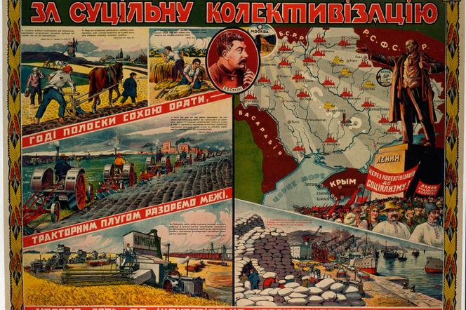 Affiche de propagande soviétique vantant la collectivisation des terres et la modernisation de l’agriculture dans l’Ukraine des années 1930, alors qu’une famine y sévissait. - RUSS/LA COLLECTION