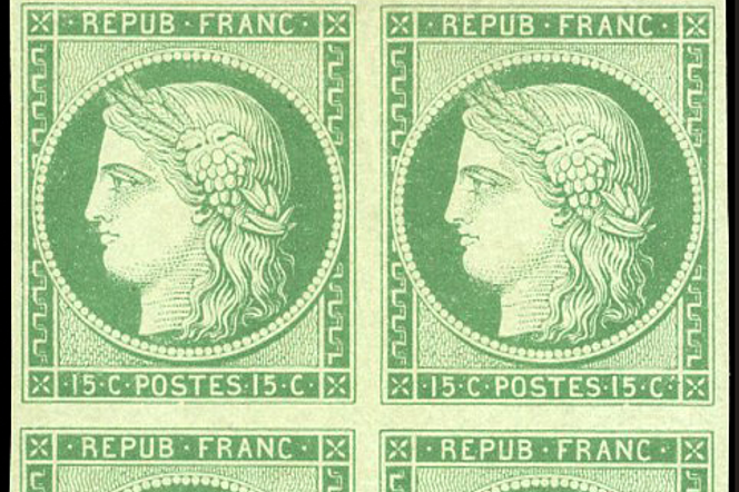 Bloc de quatre exemplaires du 15 centimes vert au type « Cérès » (1850), en couverture du catalogue Behr, adjugé 120 000 euros. - DR/BEHR