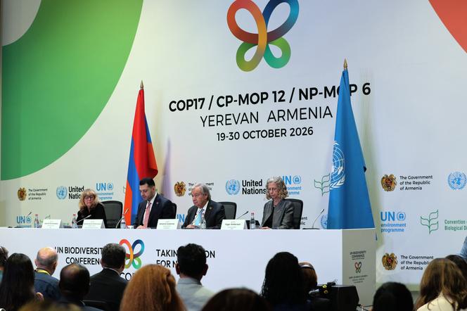 Le secrétaire général des Nations unies, Antonio Guterres (deuxième en partant de la droite), assiste à une conférence de presse en marge de la prochaine Conférence des Nations unies sur la biodiversité, appelée COP17, à Erevan (Arménie), le 15 octobre 2026.  - HAYK BAGHDASARYAN/PHOTOLURE VIA AP