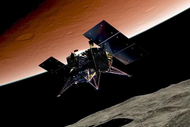 Vue d’artiste datant de 2019 du vaisseau spatial MMX lors de sa descente et de son atterrissage sur une lune martienne. - JAXA