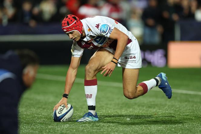 Louis Bielle-Biarrey inscrit un essai lors du match de Champions Cup entre l’Union Bordeaux-Bègles et Gloucester, au Kingsholm Stadium (Angleterre), le 16 octobre 2026. - ANDREW BOYERS/ACTION IMAGES/REUTERS