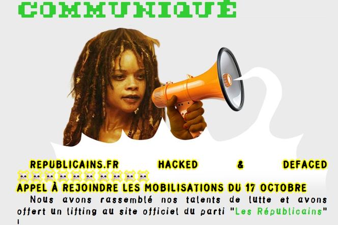 Message de revendication publié sur le site du parti Les Républicains, qui a été brièvement détourné le 16 octobre 2026.  - 