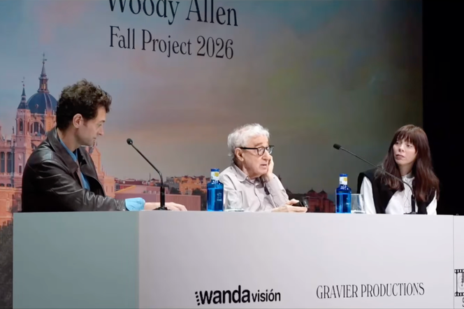 During a press conference with Woody Allen, alongside actors Peter Vives and Alexi Wasser, who star in his upcoming film being shot in Madrid at the Teatros del Canal in the Spanish capital, October 1, 2026. - WOODY ALLEN FILMS/YOUTUBE