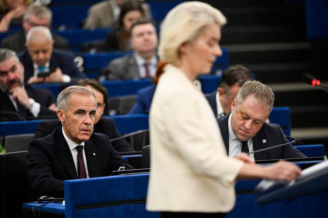 Canadian Prime Minister Mark Carney (left) during European Commission President Ursula von der Leyen's State of the European Union address at the European Parliament in Strasbourg, on September 16, 2026. - JEAN-CHRISTOPHE VERHAEGEN/AFP