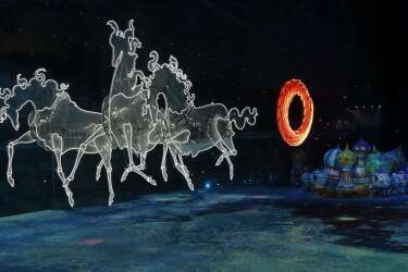 Horses are lit up during the opening ceremony of the 2014 Winter Olympics in Sochi, Russia, Friday, Feb. 7, 2014. (AP Photo/Ivan Sekretarev)