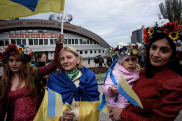 Women came to the peaceful pro-Ukrainian demonstration near stadium Olimpiyski in Donetsk, Eastern Ukraine.