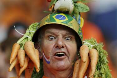 A Dutch fan wears homemade hat during the group B World Cup soccer match between Spain and the Netherlands at the Arena Ponte Nova in Salvador, Brazil, Friday, June 13, 2014.  (AP Photo/Natacha Pisarenko)
