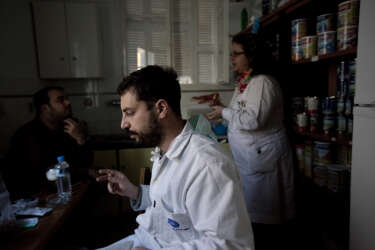 Athens, Greece 2015Doctors having their break.Inside the polyclinic of the human rights organisation Medecins du Monde (Doctors of the World), that provides free primary health care to people who cannot afford those services in Greece, and its patient roster has been growing steadily since the financial crisis struck.